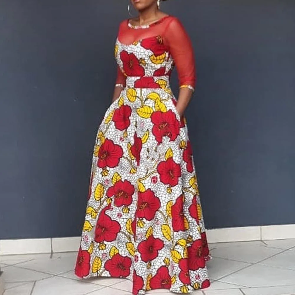 Женское Свободное платье с длинными рукавами и цветочным принтом круглым