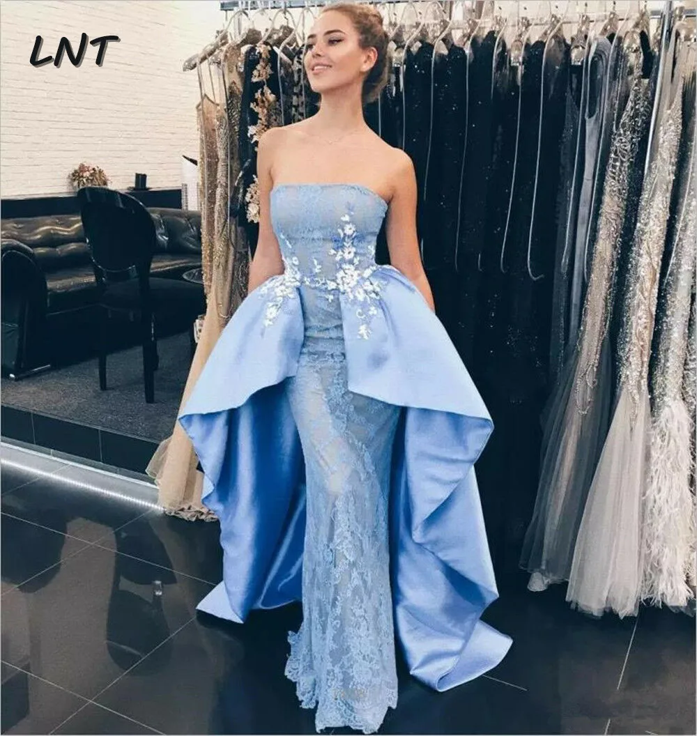 

Синие вечерние платья без бретелек со съемной многослойной юбкой без рукавов Деловое платье