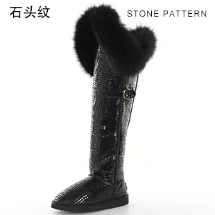 Stone Pattern Новинка; модные сапоги до бедра из натуральной коровьей кожаная зимняя обувь с лисьим мехом выше колена ботинки с высоким голенищем зимняя женская зимняя обувь; зимние сапоги из водонепроницаемого материала - Цвет: Stone Pattern