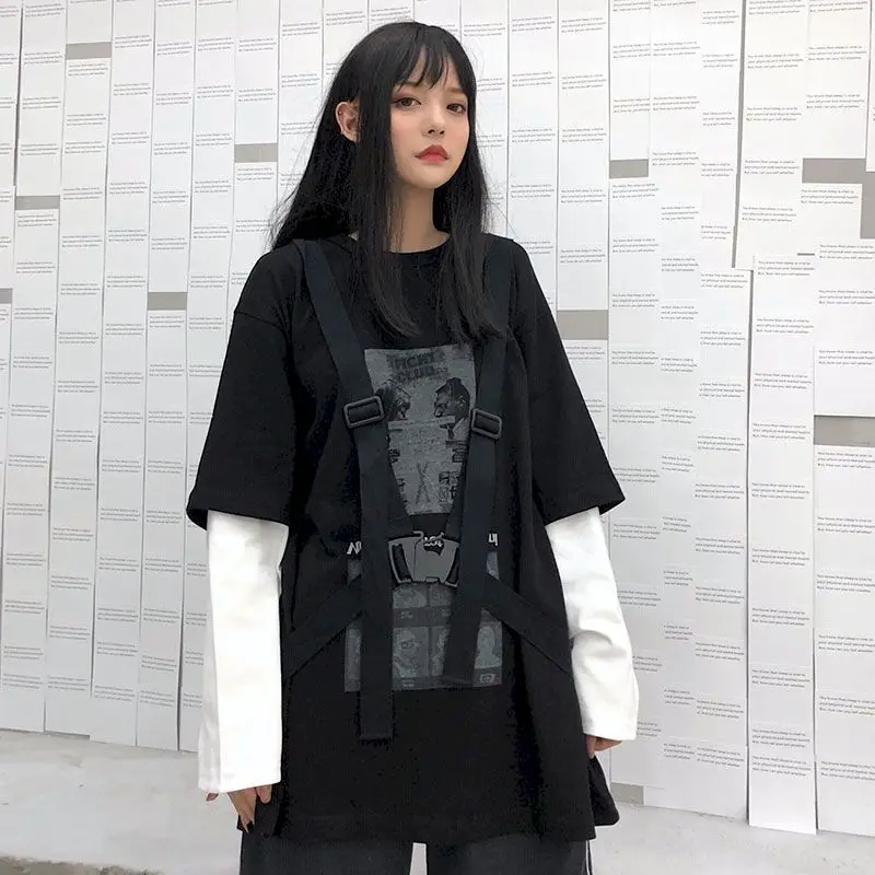 

Fake Two-piece Blouse Women 2022 Autumn New Super Fire Harajuku Couple Loose Tie Rebel Printing Long Sleeve T-shirt Students