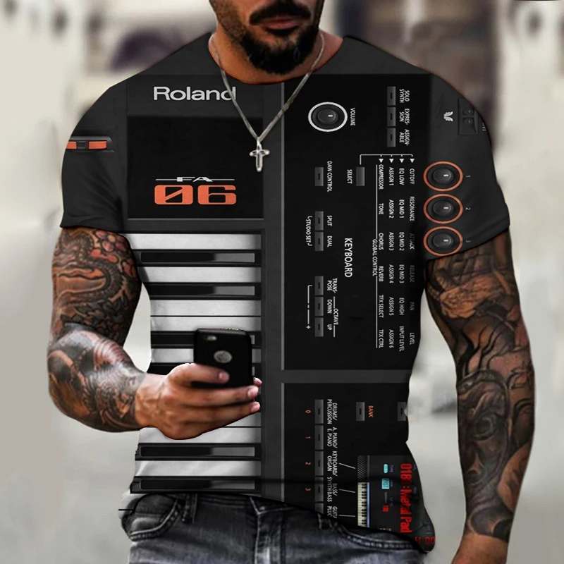 

Three-dimensional 3D art print men's oversized T-shirt spring and summer Piano Keys Notes street fashion personality shirt