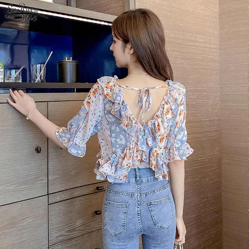 

Chemisier Femme 2021 Summer Chiffon Blouse V-neck Short Sleeve Elegant Floral Women Casual Loose Slim Fit Summer New Tops 10131