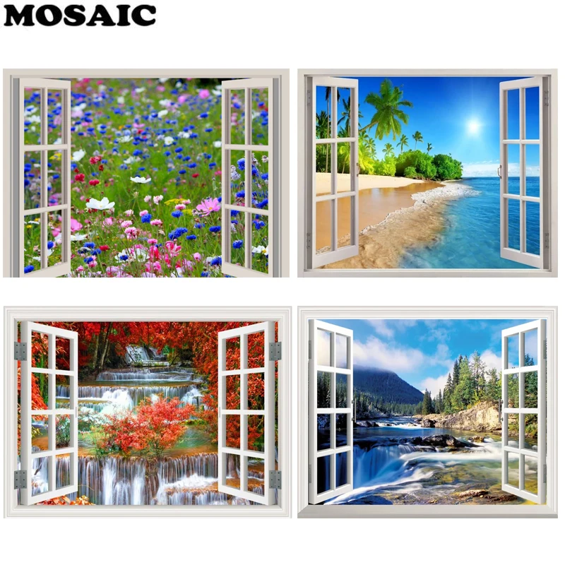 

diy Diamond Painting Full Square window Scenery Diamond Embroidery Cross Stitch Diamond Mosaic Waterfall Picture Of Rhinestones