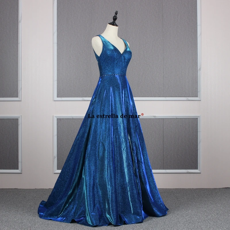 

Glittering prom dresses Sweep Train new V-neck Backless A Line blue silver vestidos de baile plus size evening gowns real photo