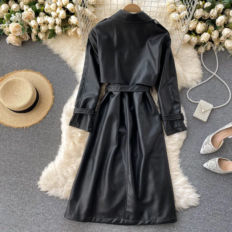 

Autumn Long Black Fur Leather Trench Coat For Women Belt Long Sleeve Skirted Korean Chic Fashion Y2k Faux Leather Coat Women