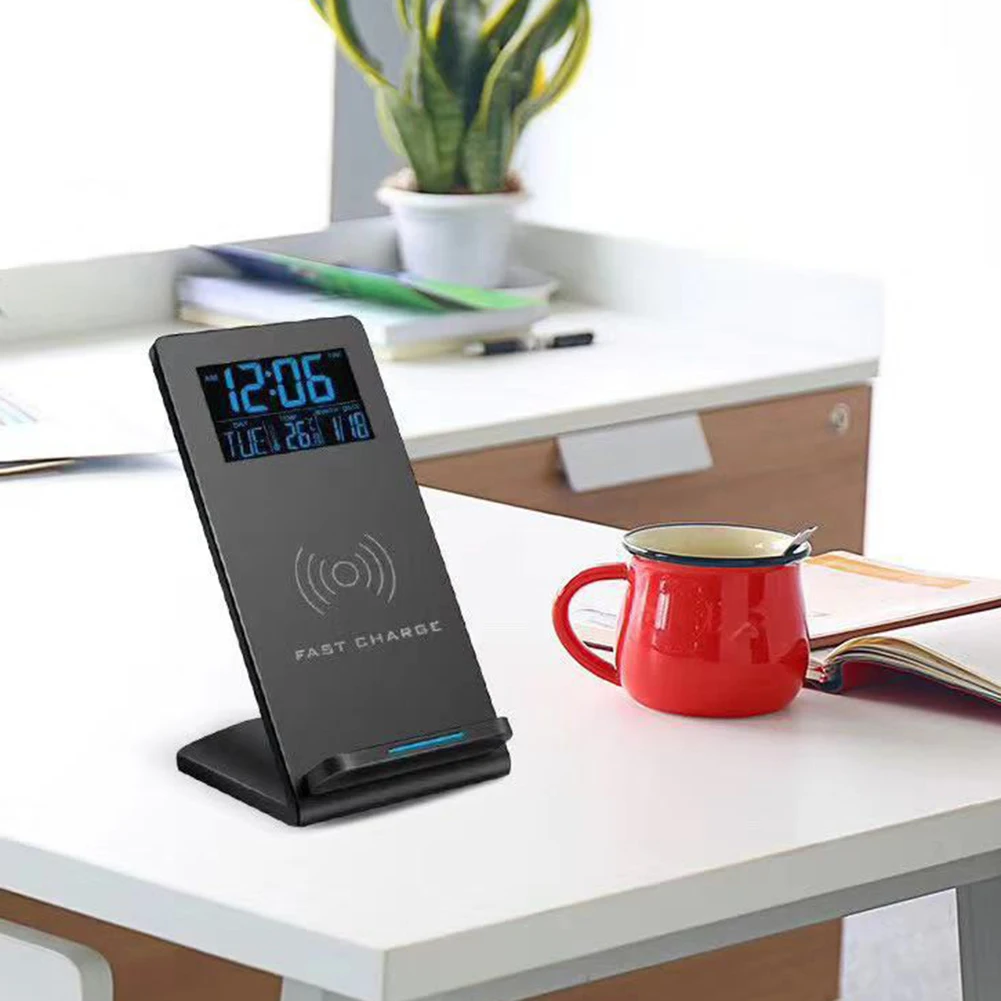 desktop wireless charging stand mobile phone holder time temperature alarm clock wireless charging hot sales free global shipping