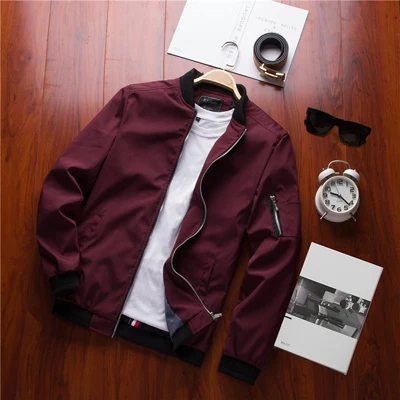 

2021 Long sleeve Thin Slim zip up Men's Jacket plus size Fashion Casual Spring Autumn Streetwear Solid color Black Red Men coat