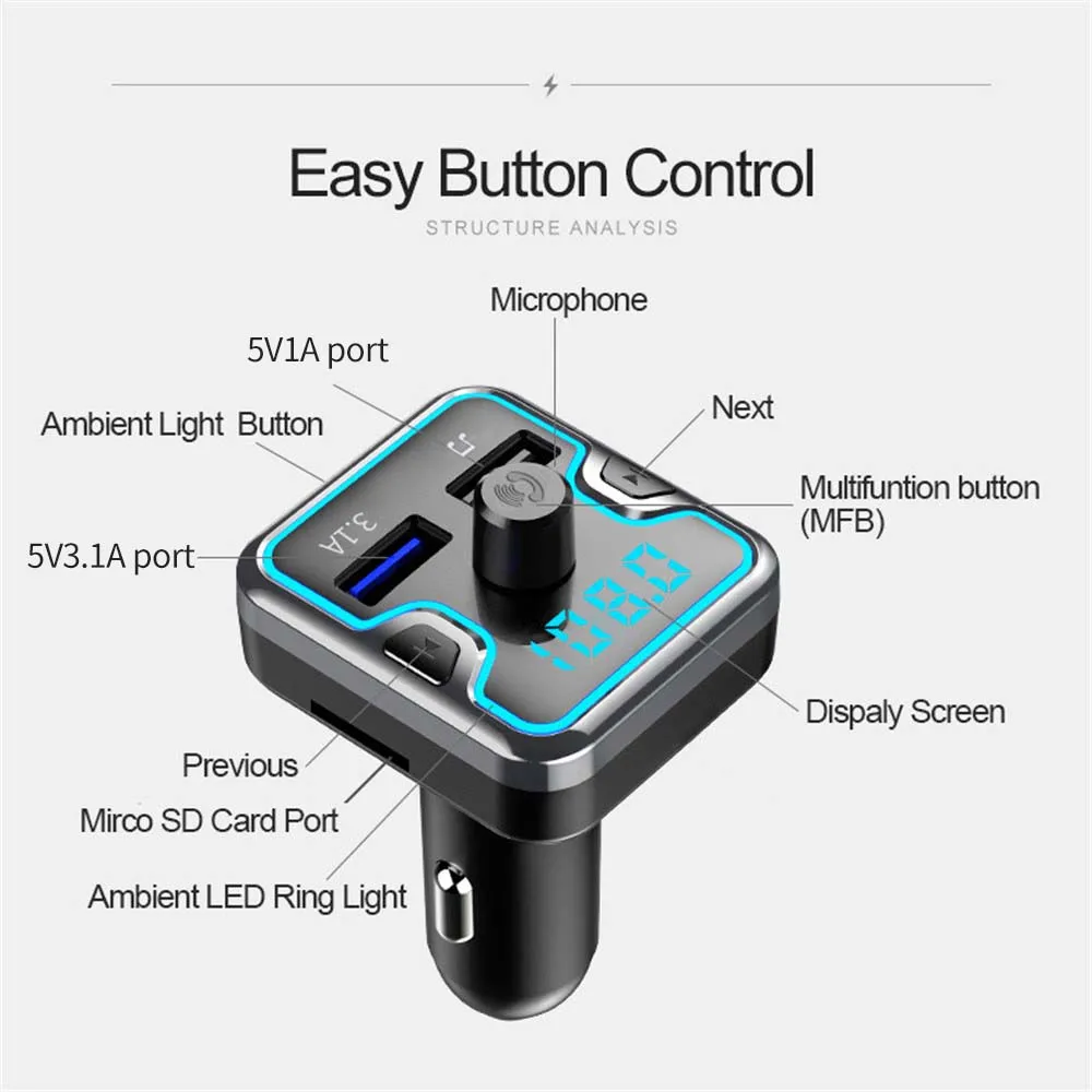 AITEMY Car Charger FM Transmitter Bluetooth Car Audio MP3 Player TF Card Car Kit 3.1A Dual USB Car Phone Charger For Xiaomi Mi images - 6