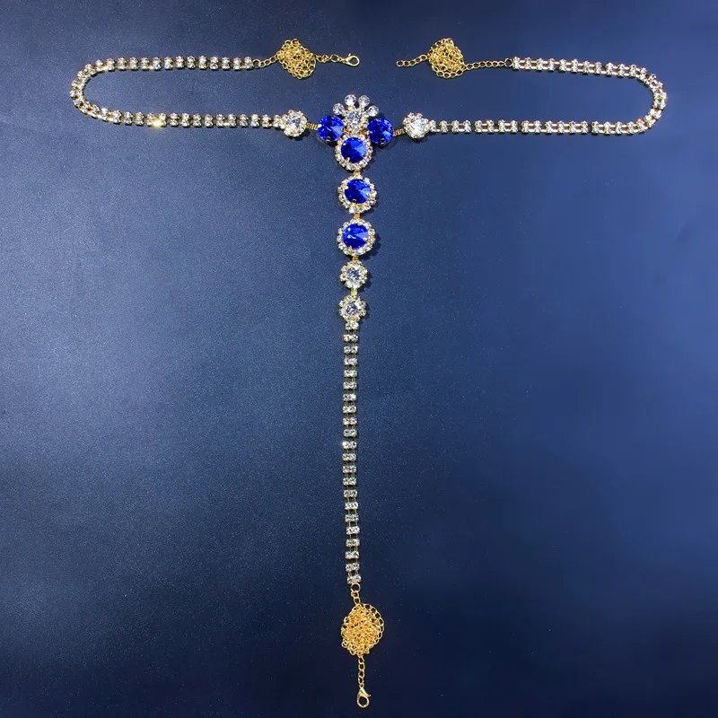 

2021 Sexy Rhinestone Bralette Knickers Thong Body Chain for Women Crystal Blue Gem Bikini Bra Necklace Jewelry