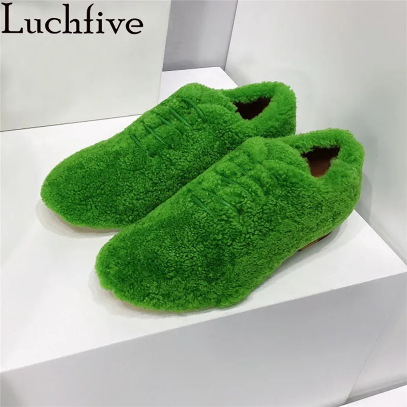 

Lace Up Green Flats Round Toe Ladies Shoes Runway Leisure Outwear Mule Loafers Fashion Wool Women Shoes