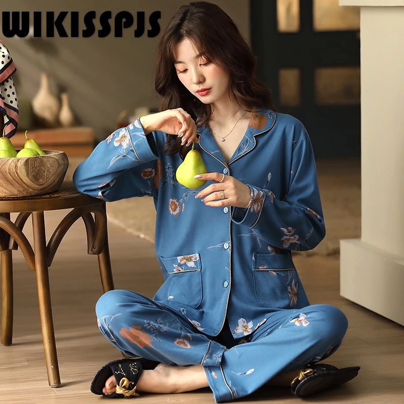 WIKISSPJS 2022 autumn new cotton pajamas women's cardigan Lapel loose home suit  lounge wear  bedroom set  womens two piece sets