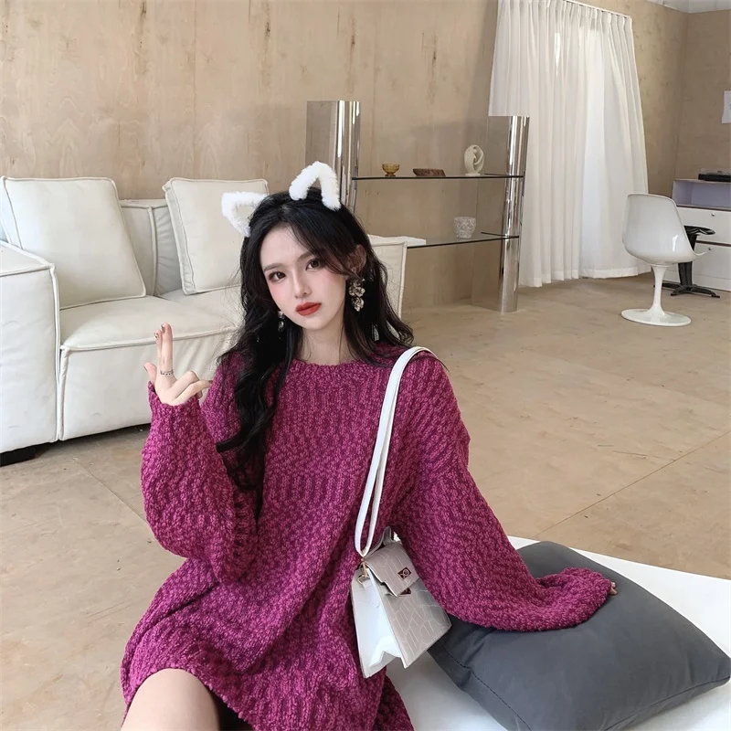 

2021 Autumn Winter New Korean Pullover Thick Knit Sweater Loose And Thin Pullover Mid-Length Retro Lazy Style Sweater Women