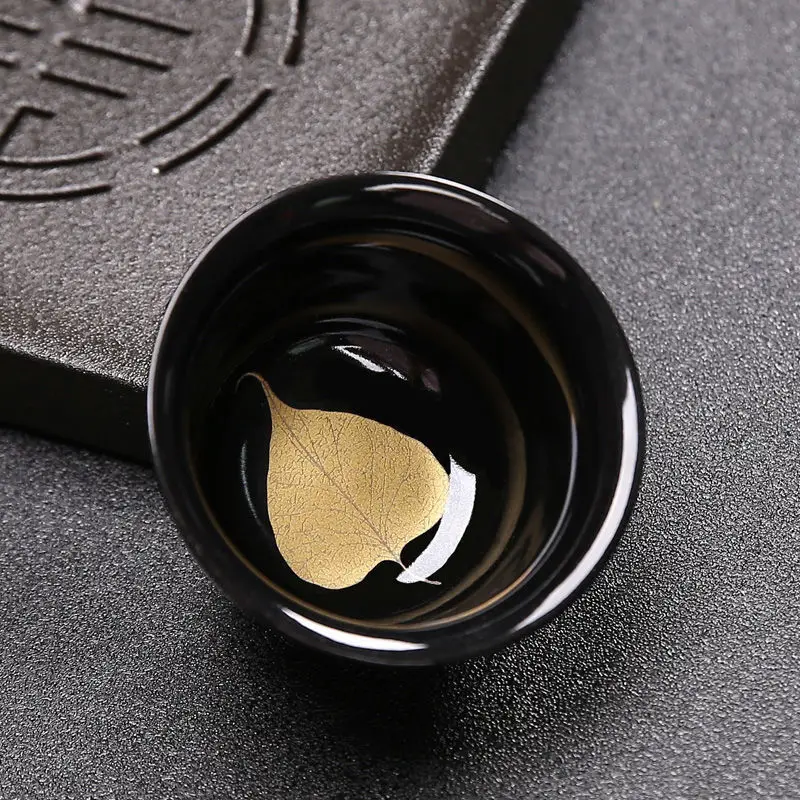 

Традиционная Черная Керамическая чайная чашка с рисунком листьев дерева чайная чаша китайская зеркальная чайная посуда портативная чашка для медитации мастер чайная чашка