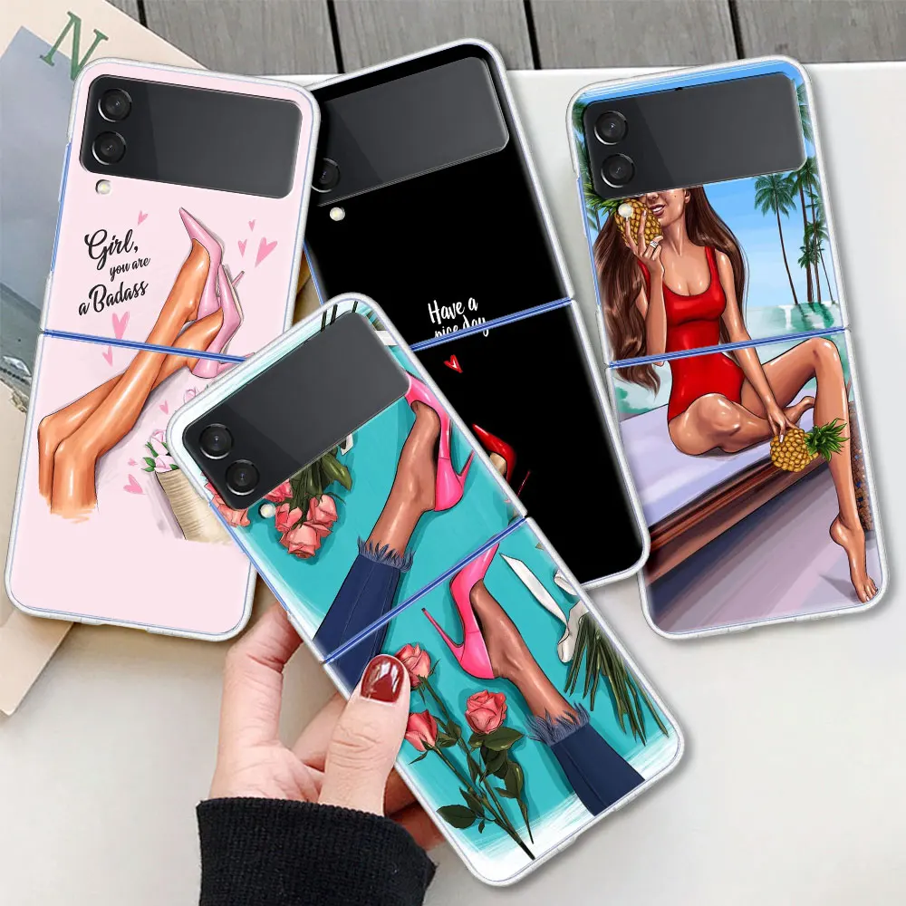 

Case For Samsung Galaxy Z Flip 3 5G Transparent Hard Cell Phone Cover ZFlip3 Clear PC Luxury Fundas High Heels Girl Flower
