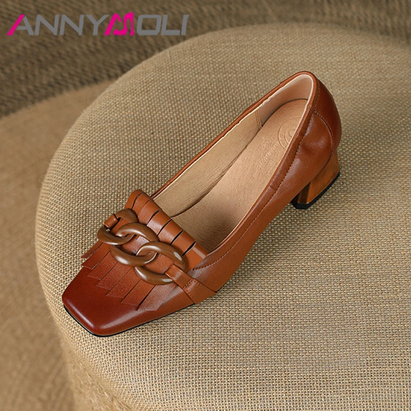 

ANNYMOLI Genuine Leather Shoes Women Fashion Mid Heel Shoes Chain Tassel Pumps Chunky Heels Footwear Spring 2022 New Brown 42