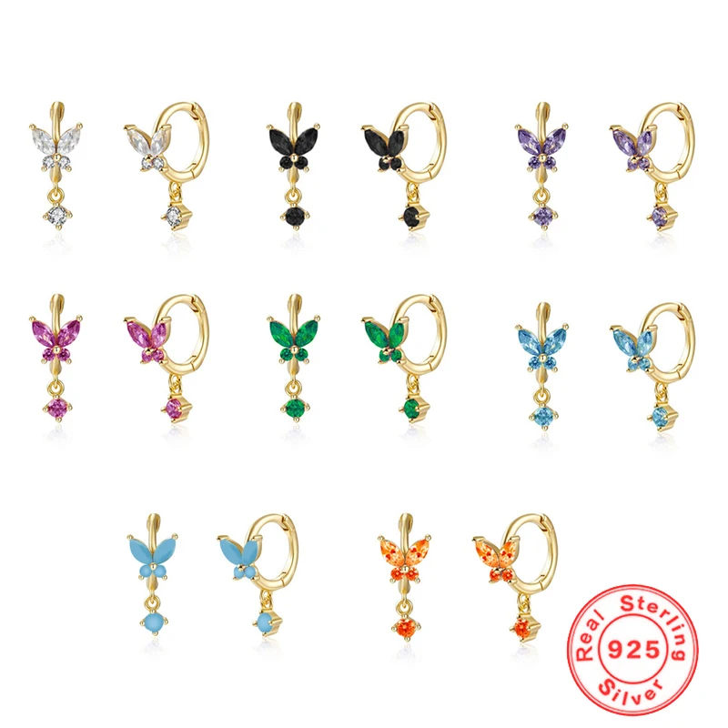 

925 Sterling Silver Colorful Zircon Butterfly Type Hoop Earring Women Fine Piercing Clips Jewels Round Earring New Product