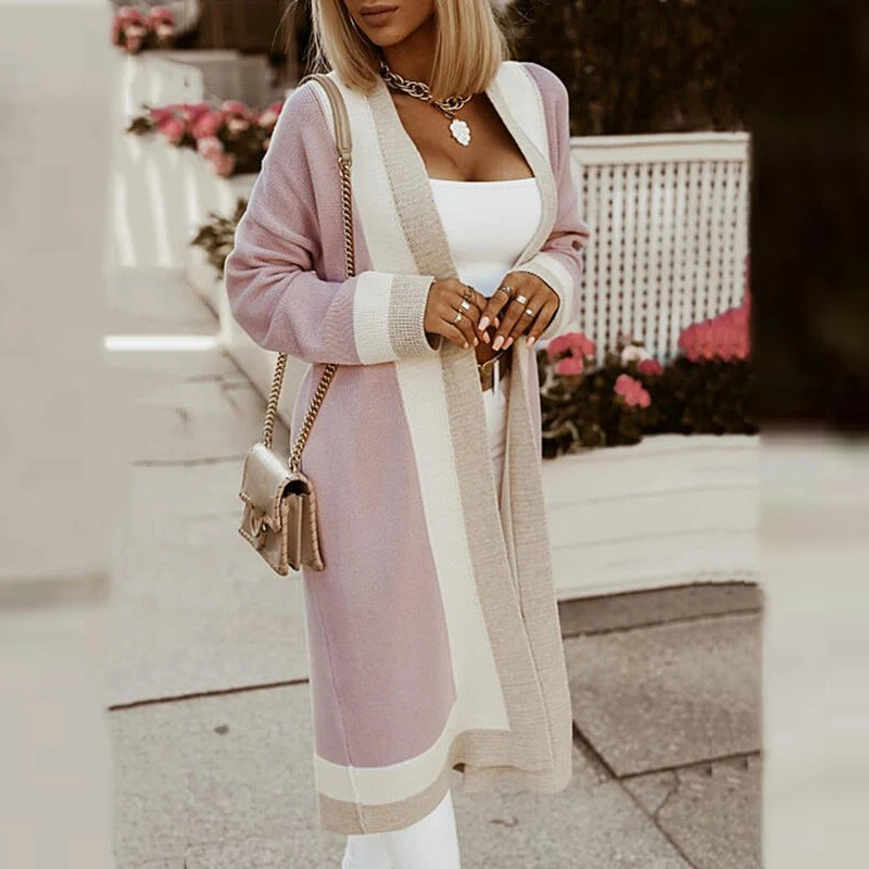

Classic Colorful Patchwork Women Knitted Cardigan Elegant V Neck Full Sleeve Loose Fit Coat Spring Female Open Stitch Streetwear