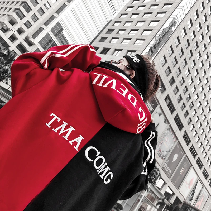 

female 2021 spring autumn new men's Hip hop Sweatshirts double hat plus velvet Patchwork hooded Sweatshirts oversize