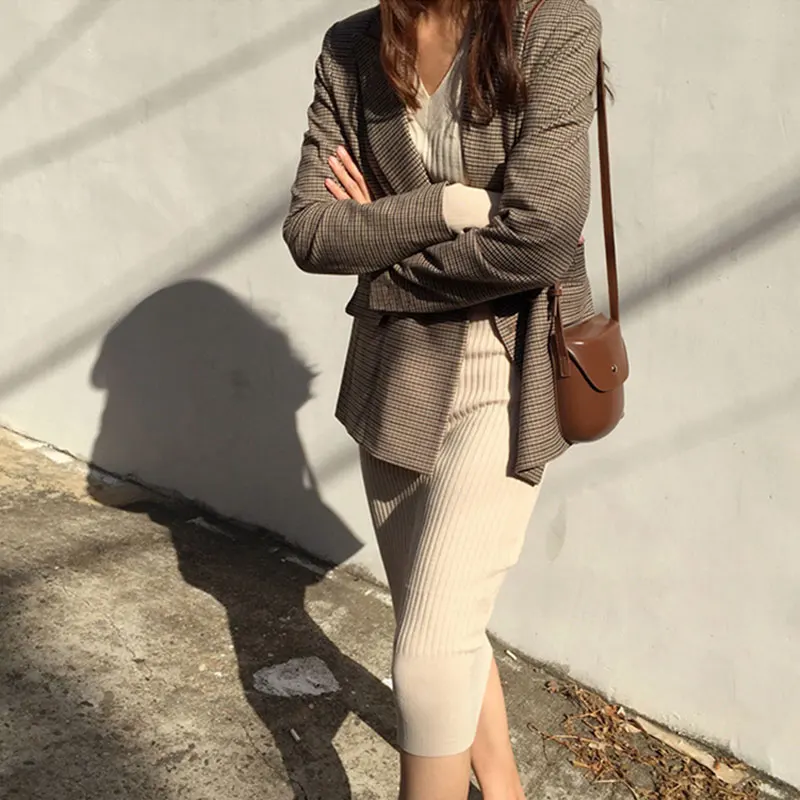 

Vintage Double Breasted Office Ladies Plaid Blazer Long Sleeve Loose Houndstooth Suit Coat Jacket Women blazers Female 2020