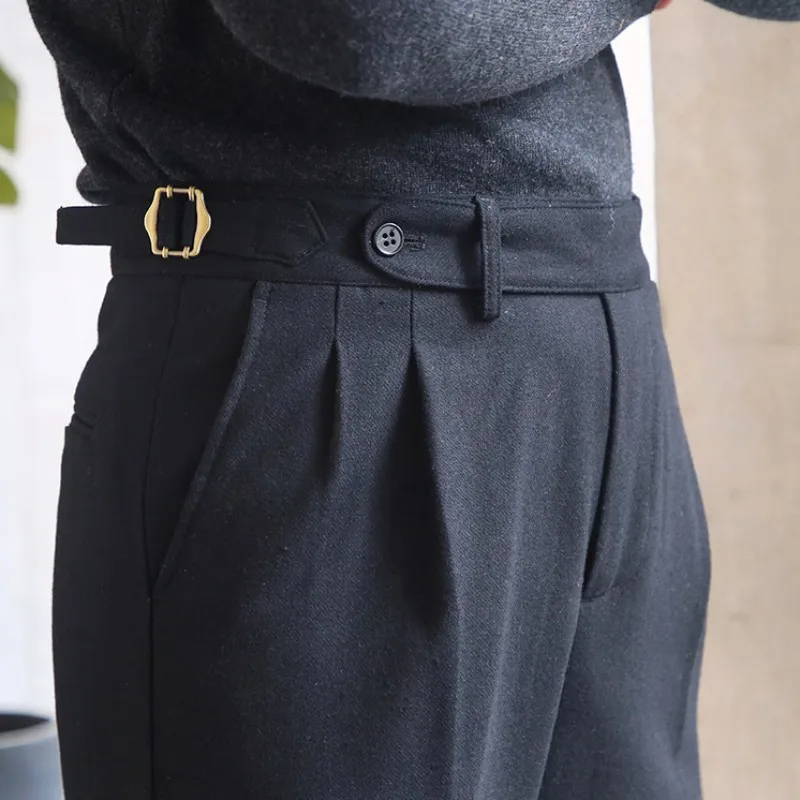 

Designer Mens Wool Blend Suit Pants Casual Loose High Waist Straight Trousers New Winter Business Office Men Full Length Pants