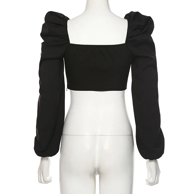 

2021 Spring Women Clothing Puff Long Sleeve Sexy Deep Square Collar Blouse Elegant Vintage Pleated Shrug Backless Cropped Top
