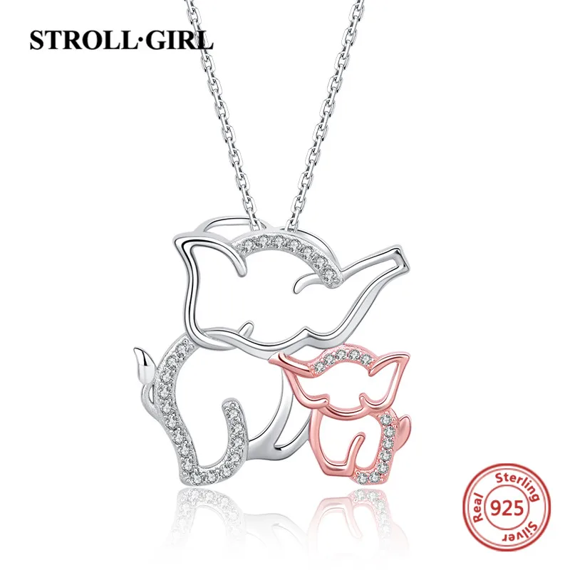 Strollgirl 925 Sterling Silver Hollow Mom and Son Elephant Chain Clear Zircon Animal Necklace for Women Fashion Jewelry Gifts | Украшения и