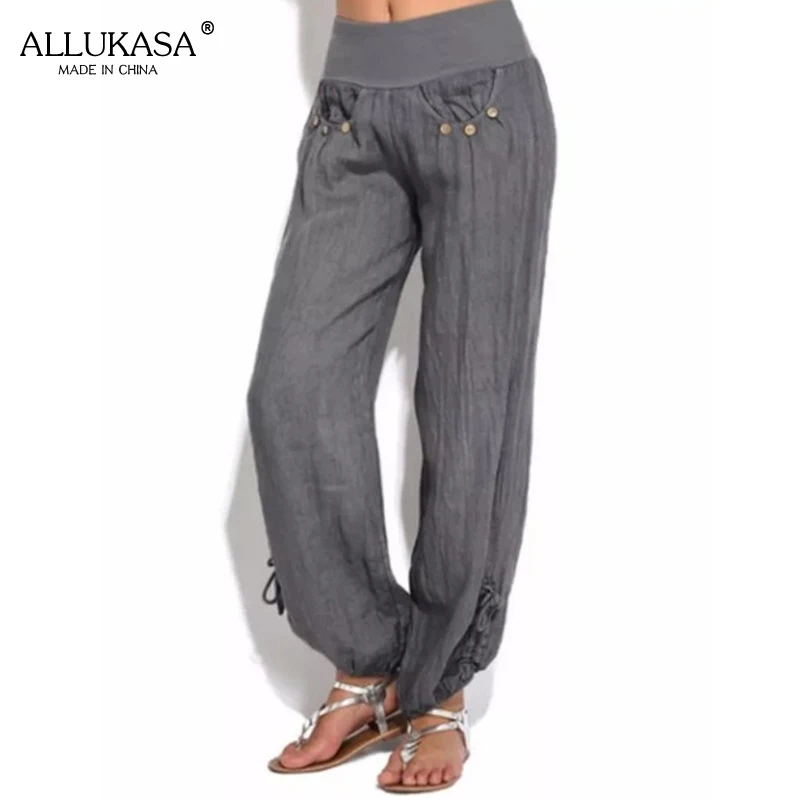 

Summer casual cotton linen pants ladies 2021 spring solid color loose button wide-leg pants comfortable sports harem pants