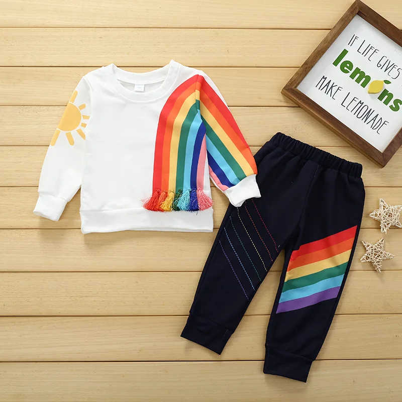 Baby girl boy rainbow T-shirt tops clothes long-sleeved sweater sweatshirt pants two-piece suit | Детская одежда и обувь