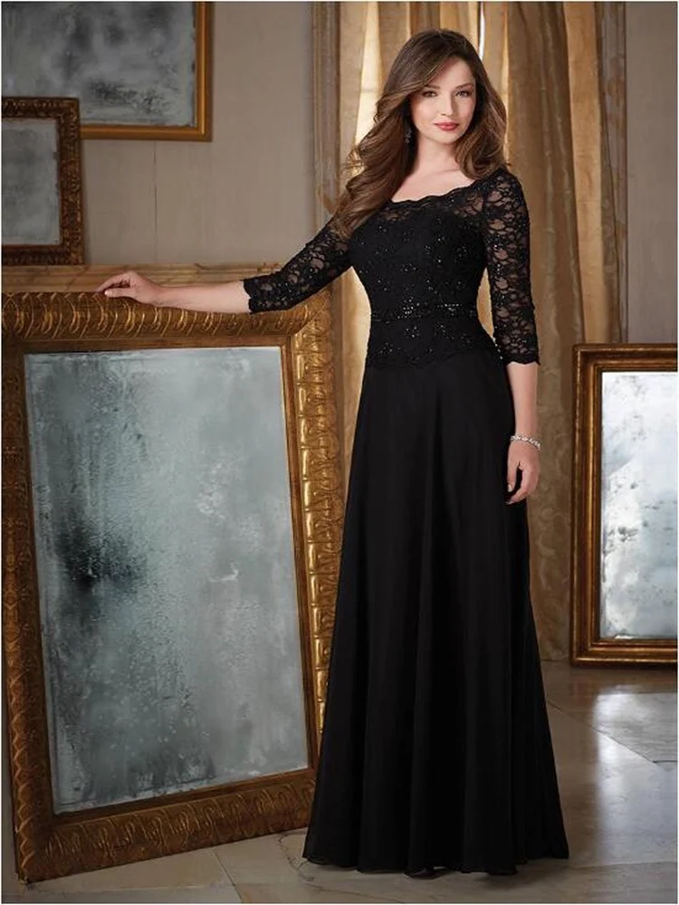 

Champagne Black Mother of the Bride Dress Half Sleeves Chiffon Lace Beaded Belt A-Line Wedding Banquet Evening Prom Dresses New