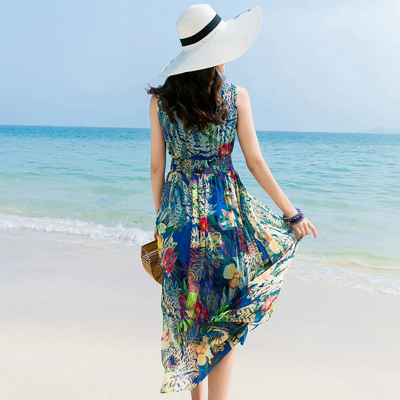 

100%Silk Dress for Women 2021 Summer Bohemian Mulberry Silk V-neck Sexy Floral Beach On Vacation Dresses Fashion Party