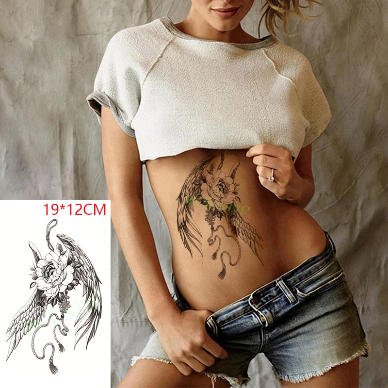 Водонепроницаемый временная татуировка Стикеры цветок с крыльями ангела из
