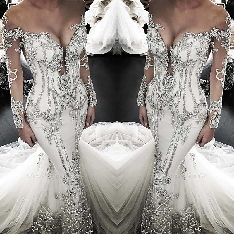 Robe De Mariee тонкая Кружевная аппликация Русалка свадебное платье имитация Длинного Рукава декольте Свадебные платья