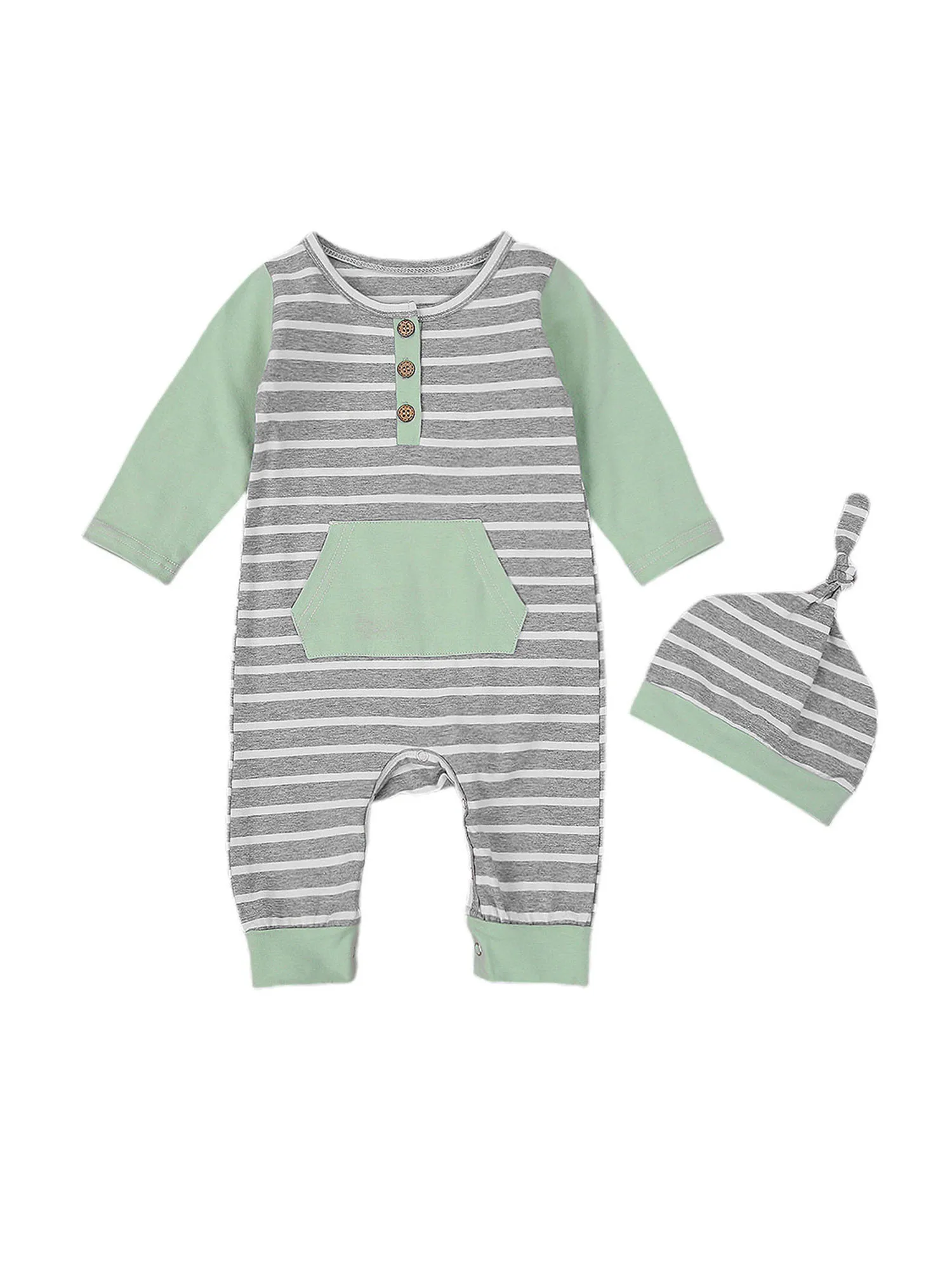 

Infant Two-piece Clothes Set, Babies Grey Stripe Pattern Round Collar Long Sleeve Romper + Cap, 3-24 Months