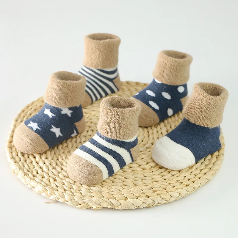 03Navy 5 пар/компл. зимние носки для маленьких мальчиков и девочек хлопковые утепленные детские носки вязаный, для новорожденных, носки-башмачки для ребенка ясельного возраста зимние носки 0-2years - Цвет: 03Navy