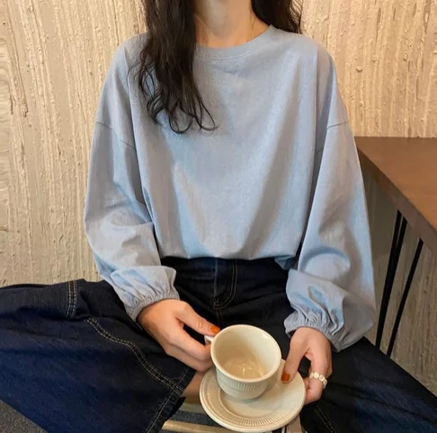 

New women's solid color round-neck T-shirt long sleeve casual loose top