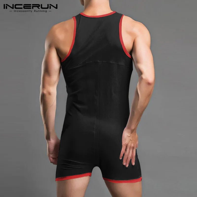 Fashion Patchwork Onesies Buttons Jumpsuits Sleepwear INCERUN Men Sleeveless Romper Pajamas Summer Man Fitness Homewear S-5XL 7