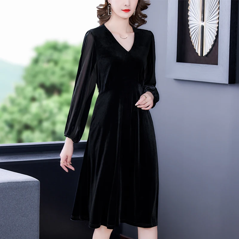 

Женское платье с длинным рукавом, высокой талией и V-образным вырезом