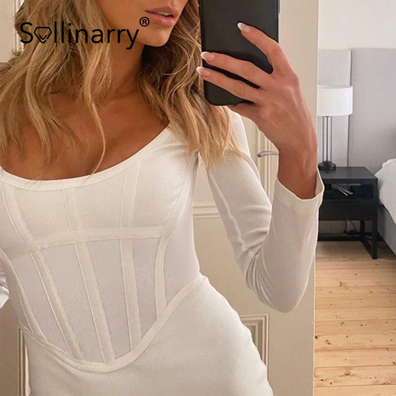 

Sollinary 2021 Autumn patchwork knitted dress women Sexy solid color high split dress Long sleeves square collar ribbed dress
