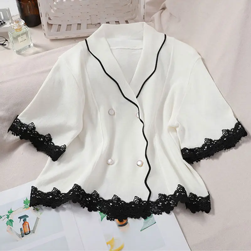

Shirts Women Summer Teenage Girls Lace Patchwork Sweet Tops All-match Artistic Female Ins Straight Stylish College Daily Cropped