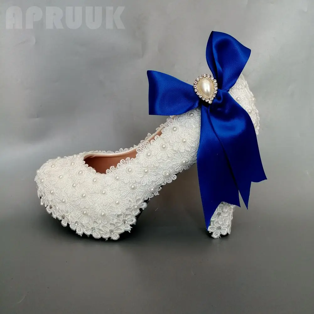 White lace pearl wedding party pumps with royal blue satin riband butterfly-knot bridal bridesmaid dancing dress shoes plus size | Обувь