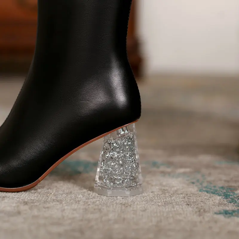 

Elegant Fashion Winter Newest Knee High Boots Genuine Leather Pointed Toe Thick High Heels Shoes Party Shoes Woman