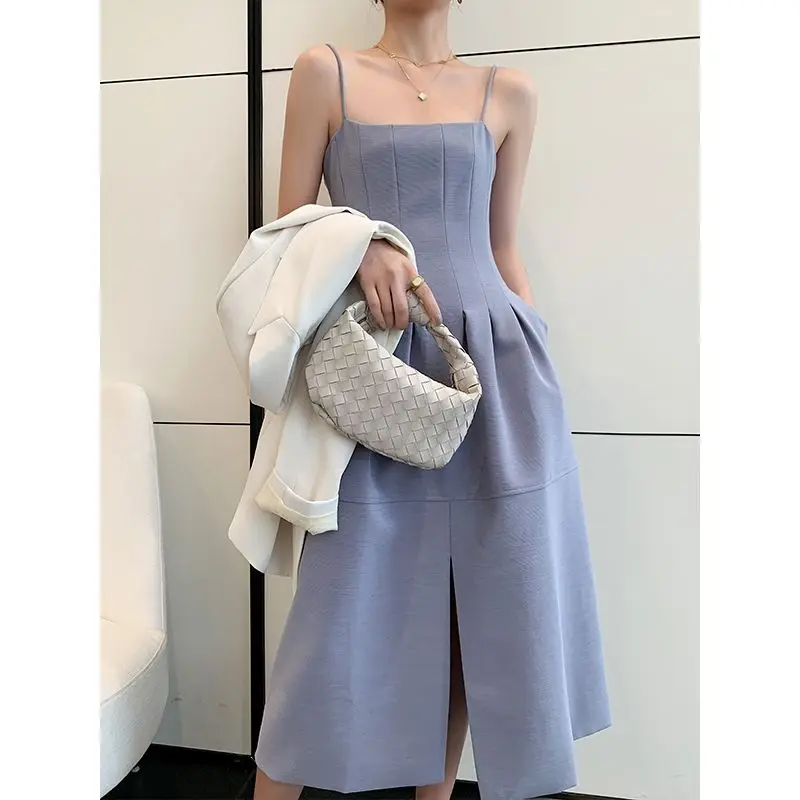 

Square Collar Elegant Strap Dress Women Office Lady Sleeveless Midi Dress Evening Party One Piece Dress Korean 2021 Summer Chic