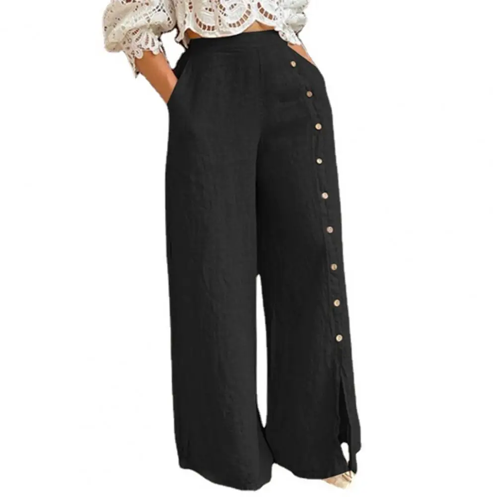 

Women Pants Solid Color Elastic Waist Multi Buttons Wide Leg Casual Trousers Ladies Straight Split Loose Long Pants Autumn