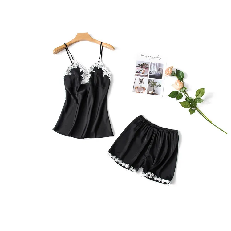 Pijama Mujer HomeWear Women Pajamas Suit Sexy Sleepwear Shortless Sleeve Black Pyjamas with Chest Pad Girl Shorts Lace | Женская одежда