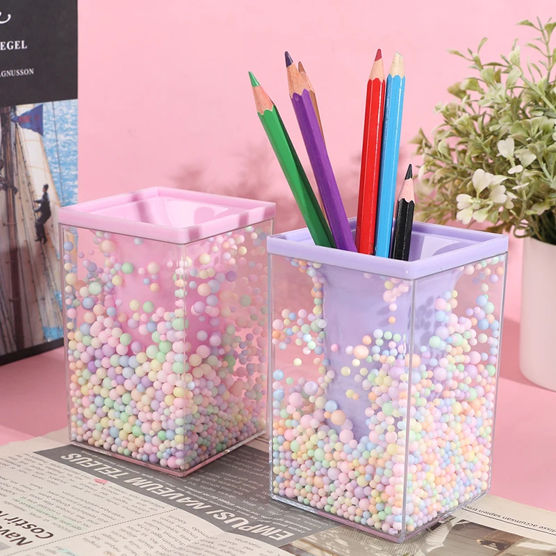 

Creative Desktop Large Capacity Squar Shape Pencil Case Cute Foam Ball Style Transparent Pen Holder Decoration Storage