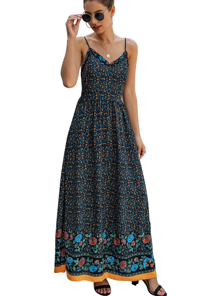 

2020 Summer Women Dress Sleeveless Sexy Beach Long Maxi Dresses Women Clothing Fashion Print Floral Dress Female
