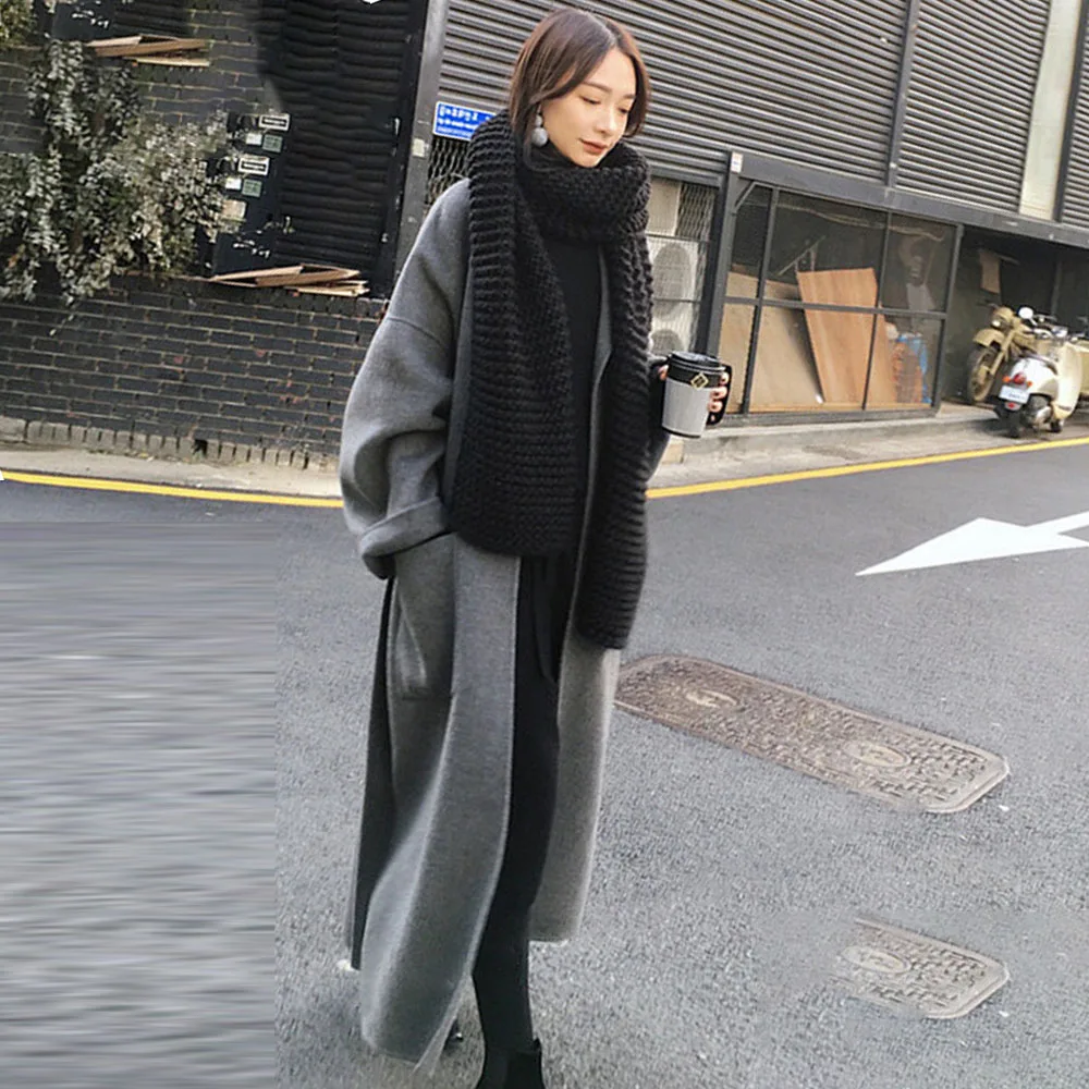 Женское шерстяное корейское офисное элегантное однотонное длинное пальто на