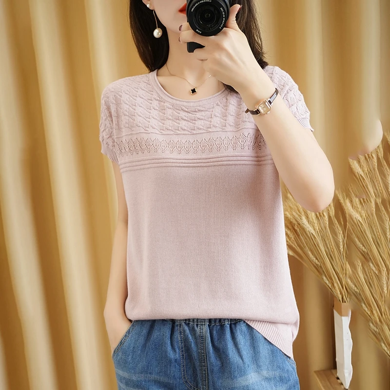 

Женская футболка, Новинка лета 2021, топ из чистого хлопка, Повседневный свитер, однотонная трикотажная одежда с круглым вырезом, пуловер с ко...