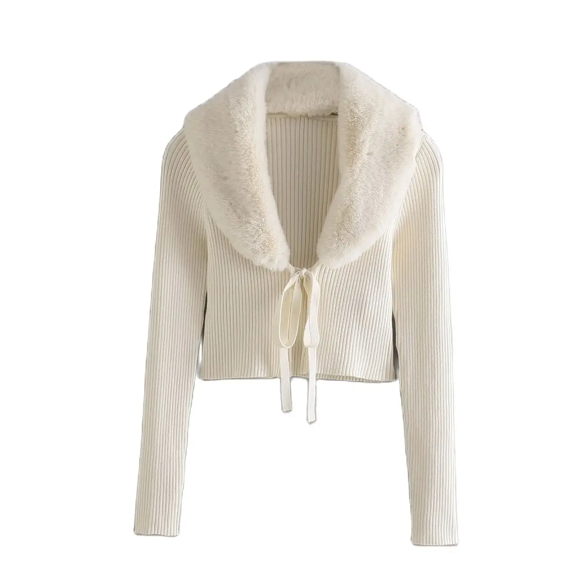 Женский вязаный свитер с длинным рукавом и меховым воротником |