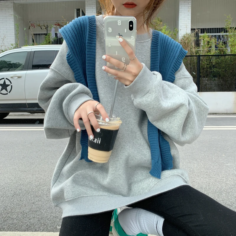 Женская теплая флисовая толстовка в Корейском стиле модный плотный однотонный